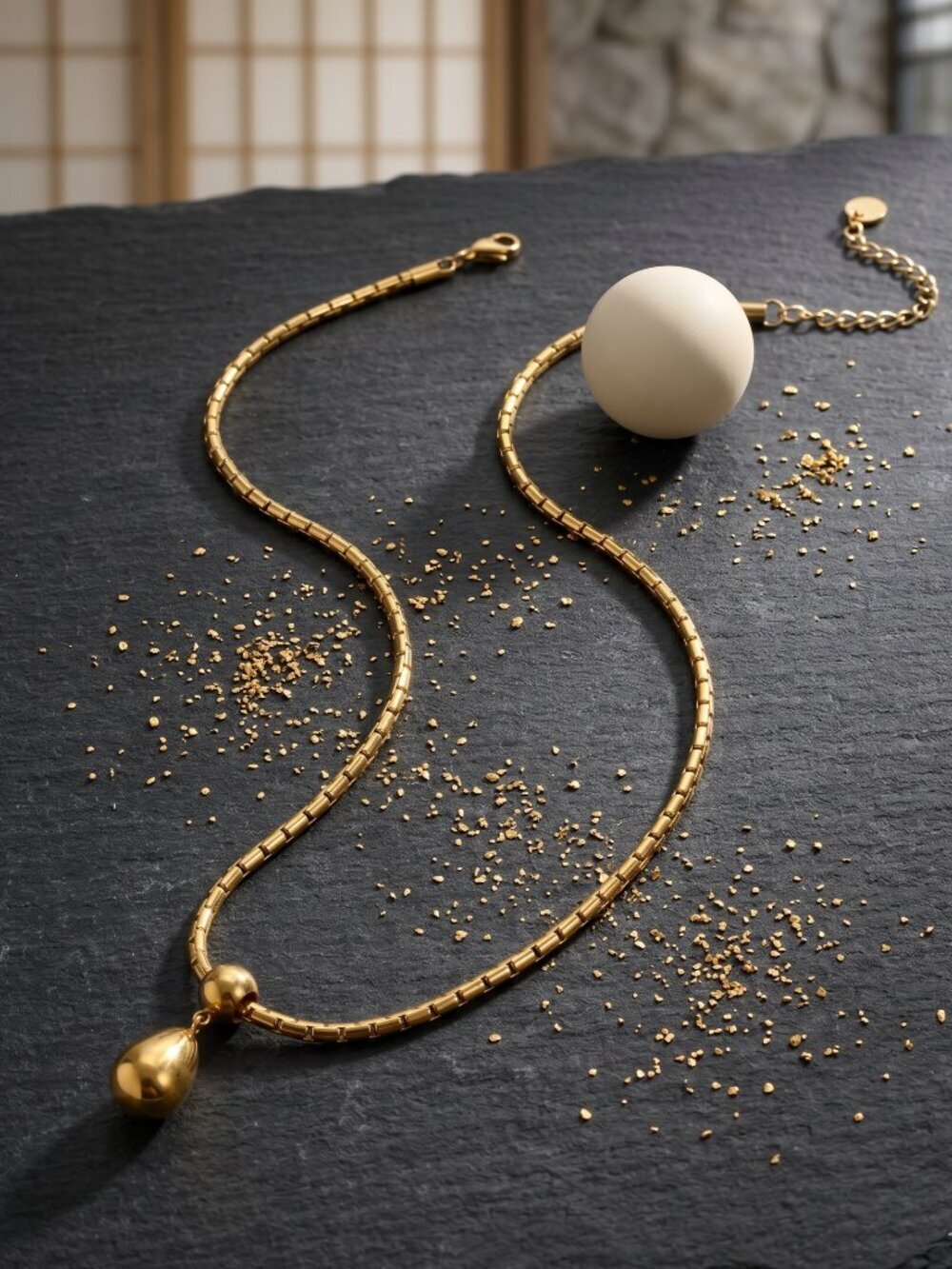 Gold Teardrop Pendant Necklace 18K Plated Box Chain Ball Drop Minimalist 18"